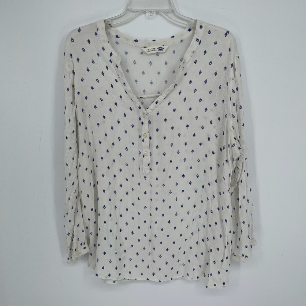 Old Navy Women's White Blue Geometric Popover Boho Peasant Tunic Shirt Size XXL
